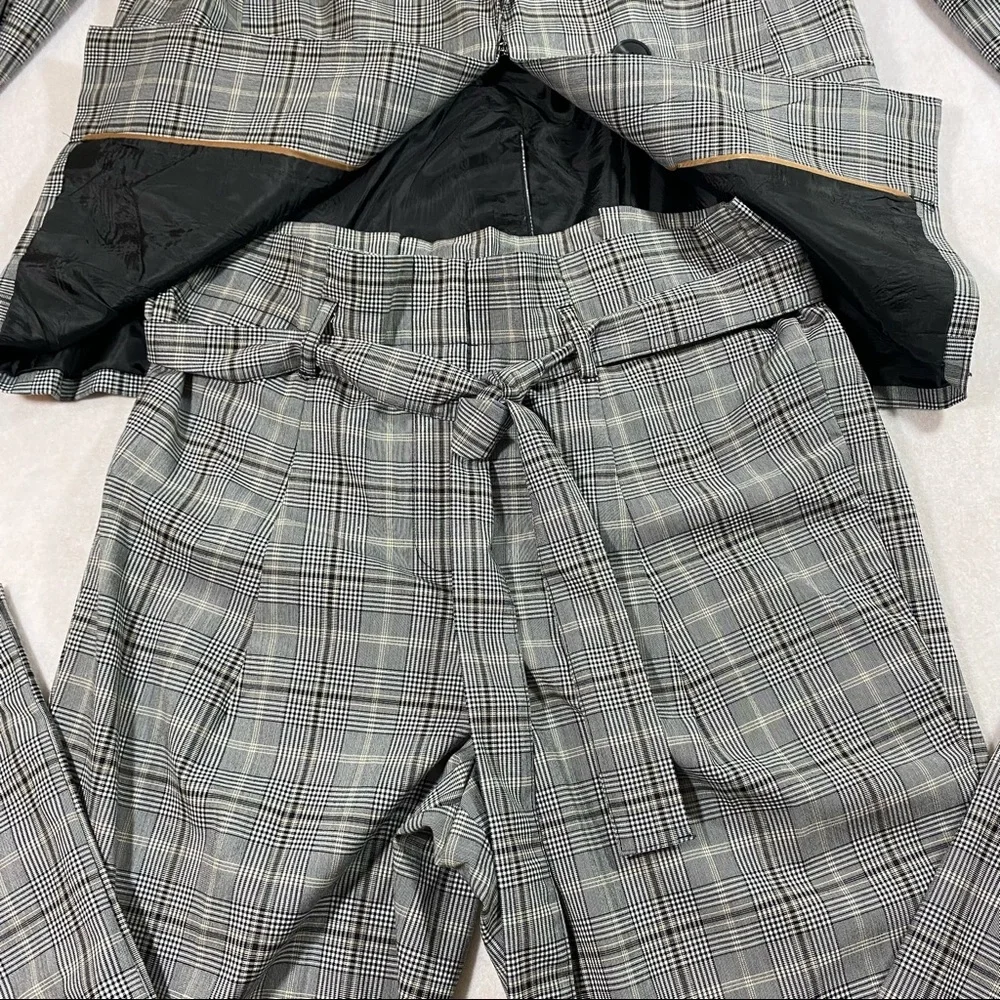 Glen Check Plaid Pant Suit Blazer Paper Bag Waist Pant Liz Claiborne Gray Black - Picture 3 of 16